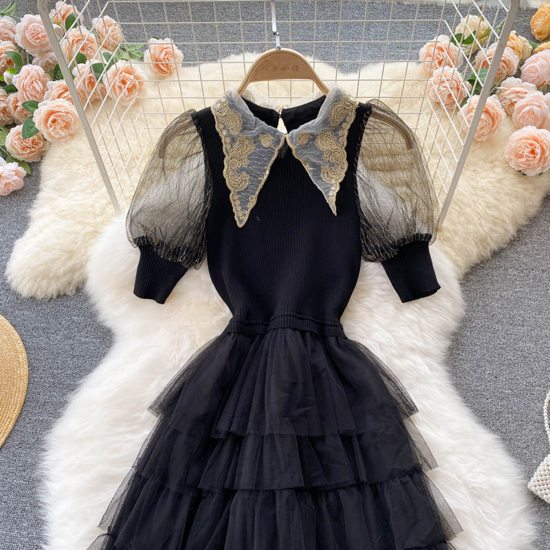 Robe trapèze en patchwork tricotée noire élégante 160