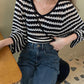 Black and white striped long-sleeved sweater v-neck waist sweater  121