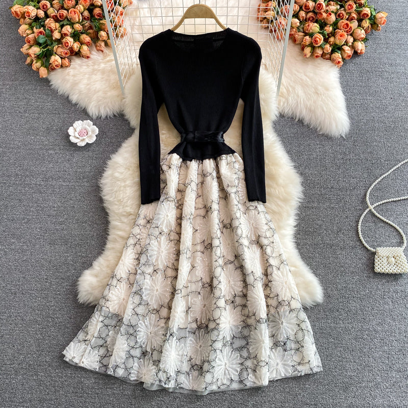 Lovely stitching long sleeve dress  159