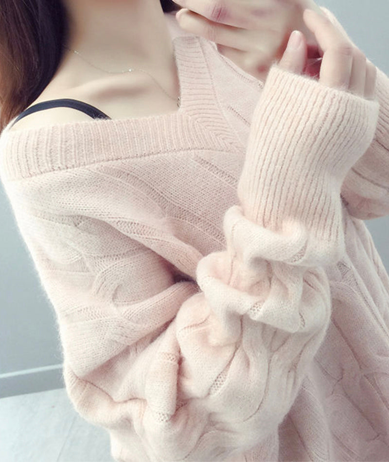 Süßer Langarmpullover mit V-Ausschnitt 093