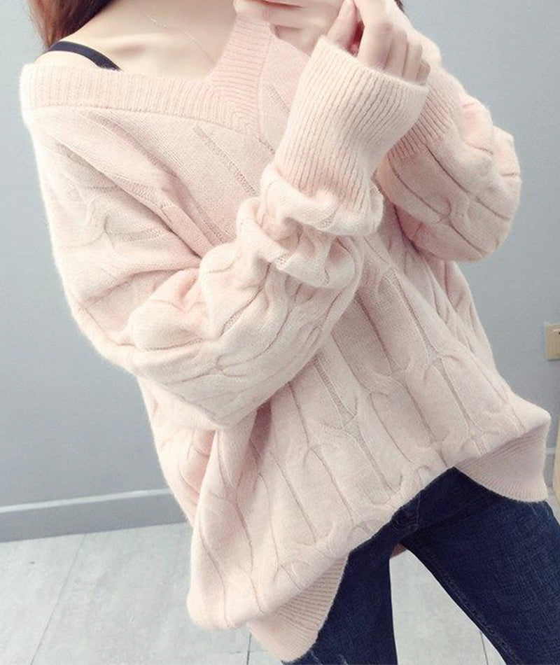 Süßer Langarmpullover mit V-Ausschnitt 093