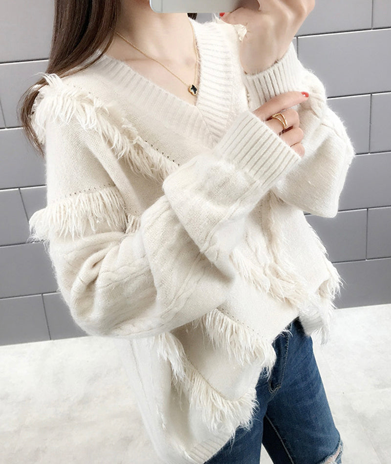 Sweet tassel v-neck sweater long sleeve sweater  120