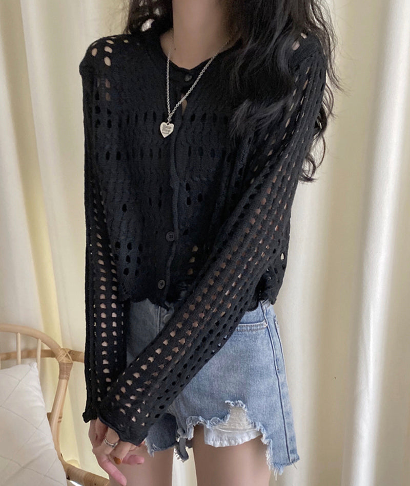 White hollow out long sleeves cropped cardigan  152