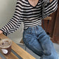 Black and white striped long-sleeved sweater v-neck waist sweater  121