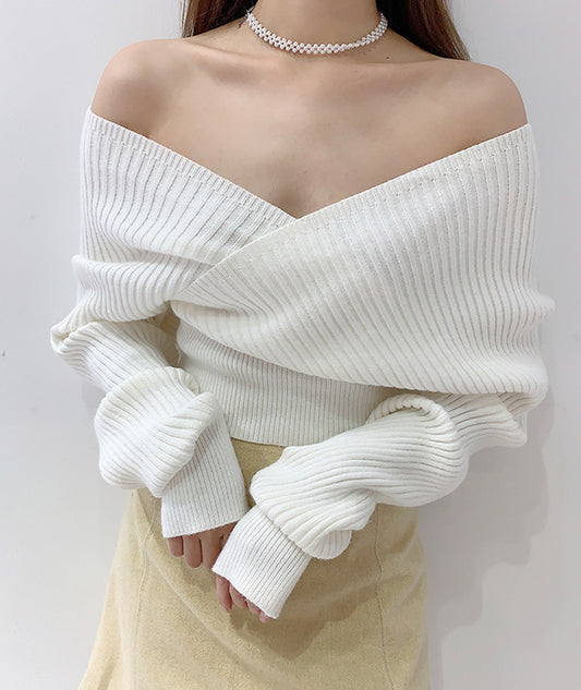Pull sexy à manches longues et épaules dénudées, pull blanc 116