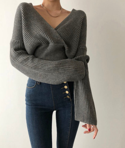 Pull élégant à col en V croisé à manches longues blanc 117