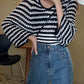 Black and white striped long-sleeved sweater v-neck waist sweater  121