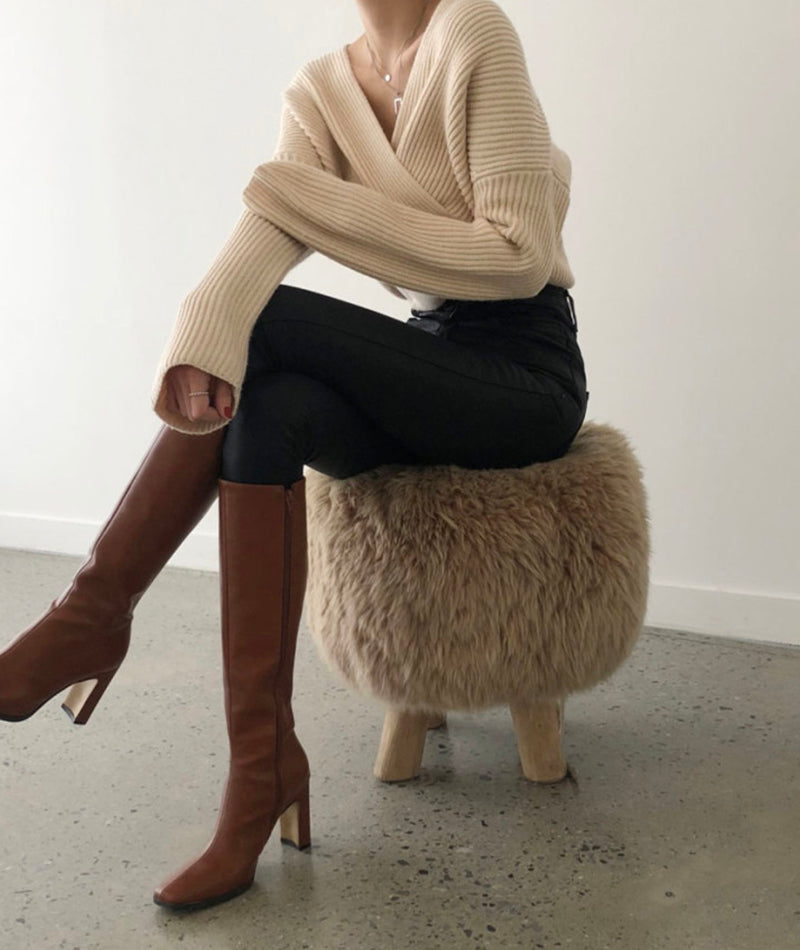 Sweater stylish v-neckline cross long sleeve sweater white  117