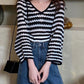 Black and white striped long-sleeved sweater v-neck waist sweater  121