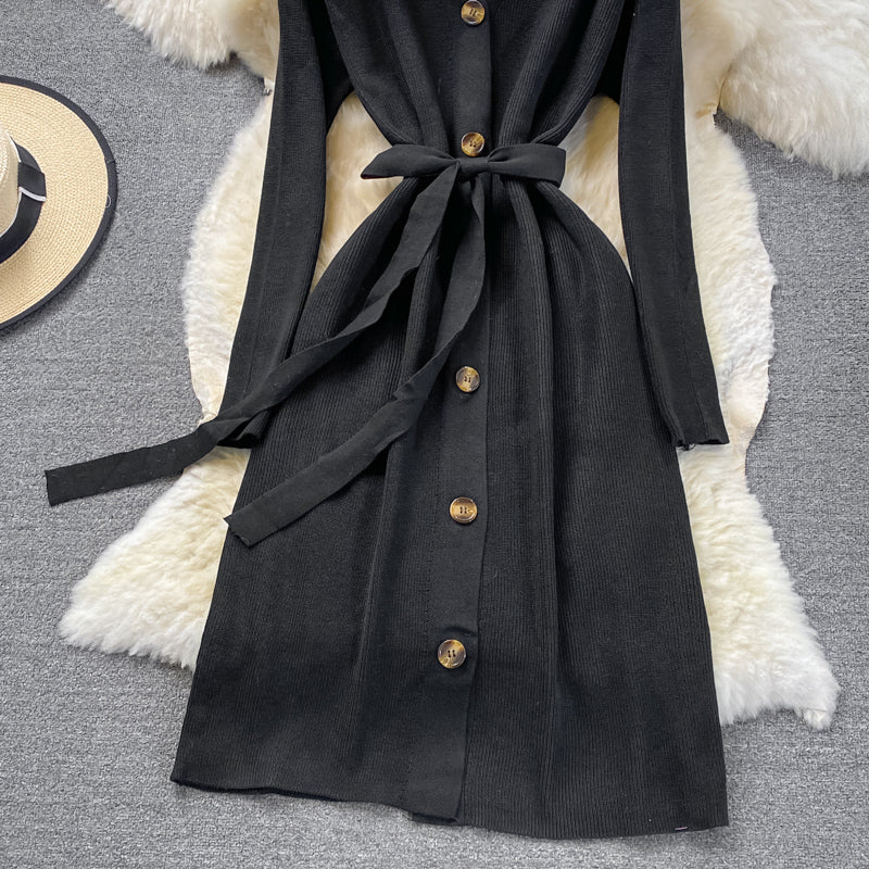 Gentle style V-neck knitted dress temperament thin sweater skirt  3379