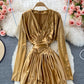 Satin high waist with thin V-neck irregular dress  3352