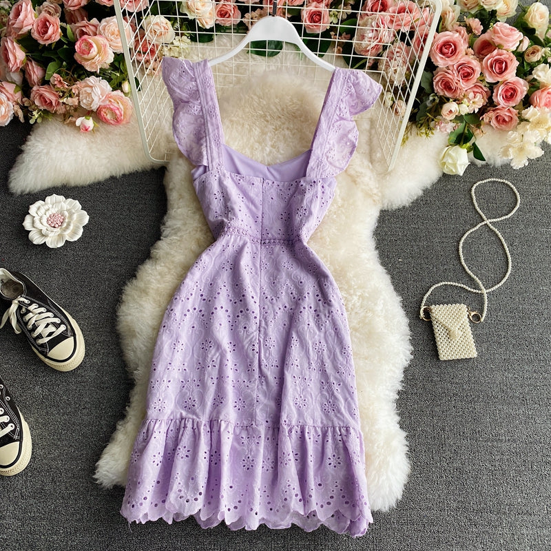 Lace hollow bubble sleeve temperament flounce suspender dress  2765