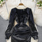 Sexy square neck acetate Satin wrinkle slim wrap hip dress  3385