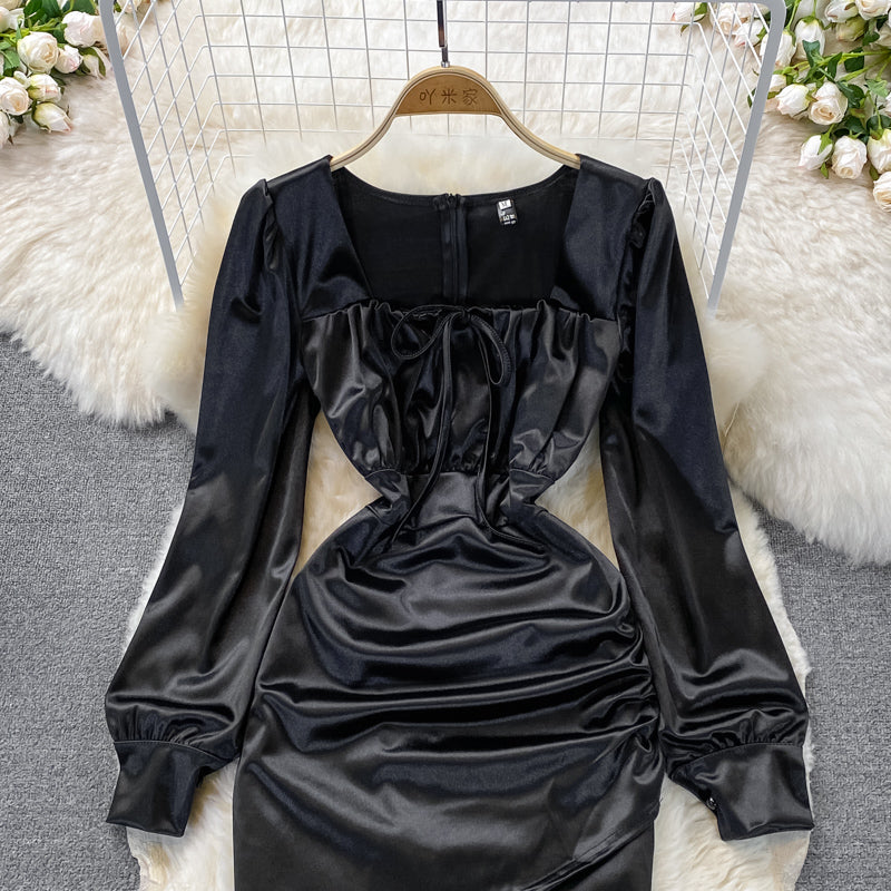 Sexy square neck acetate Satin wrinkle slim wrap hip dress  3385