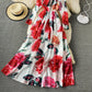 French elegant rose print Crew Neck Dress  3419