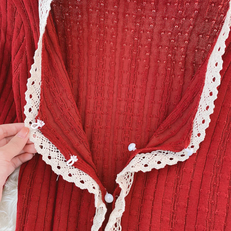 Vintage Knitted Top Women's autumn V-neck lace  1595
