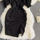 Light familiar commuter V-neck Pleated Dress  3291