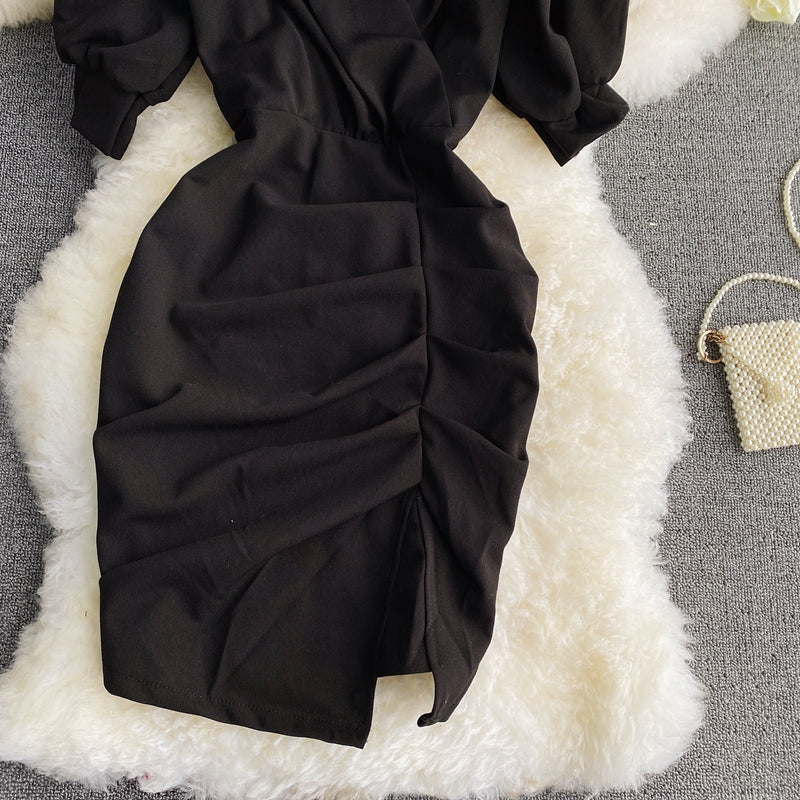 Light familiar commuter V-neck Pleated Dress  3291