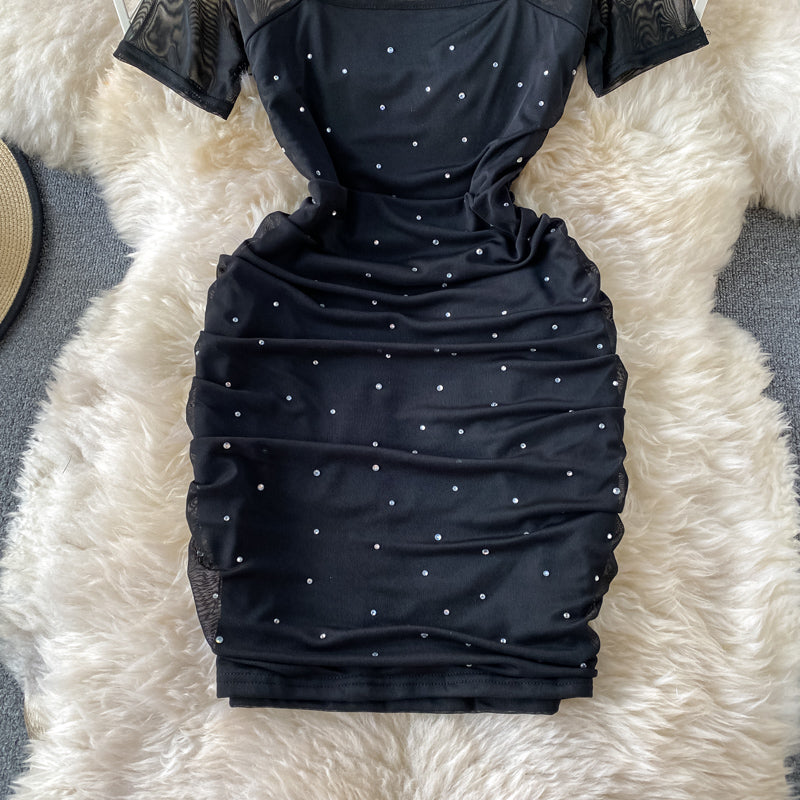 Sexy square neck slim slim fit mesh hot drill pleated Hip Wrap Dress  3172