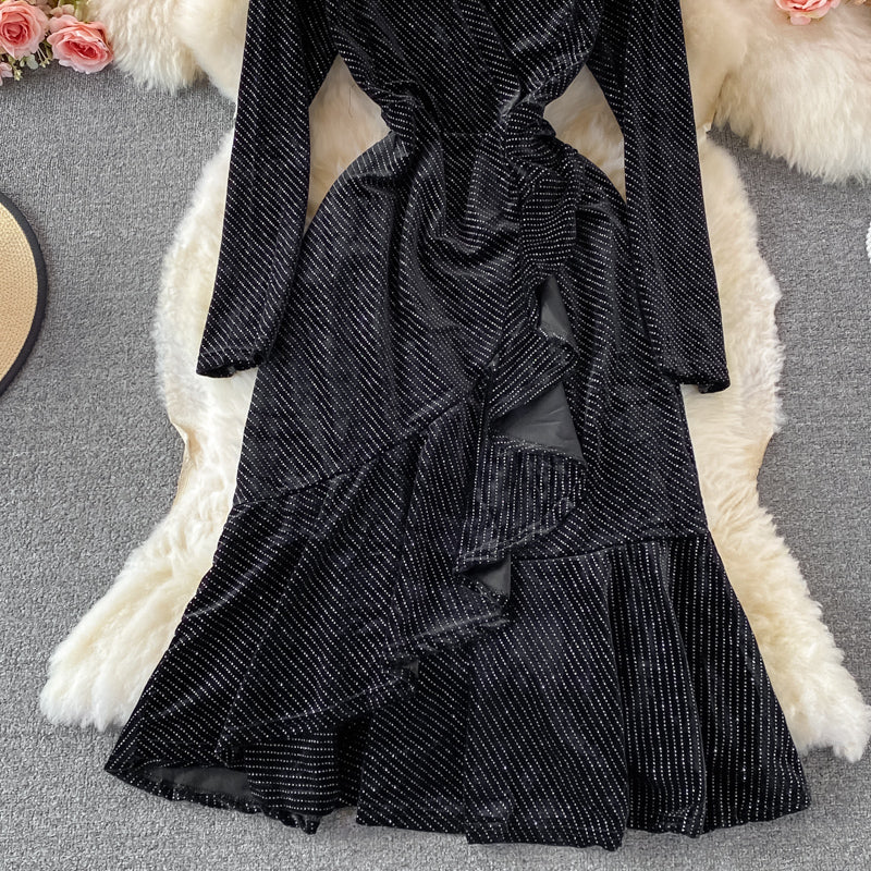 Hot diamond V-neck velvet dress fishtail long skirt  3107