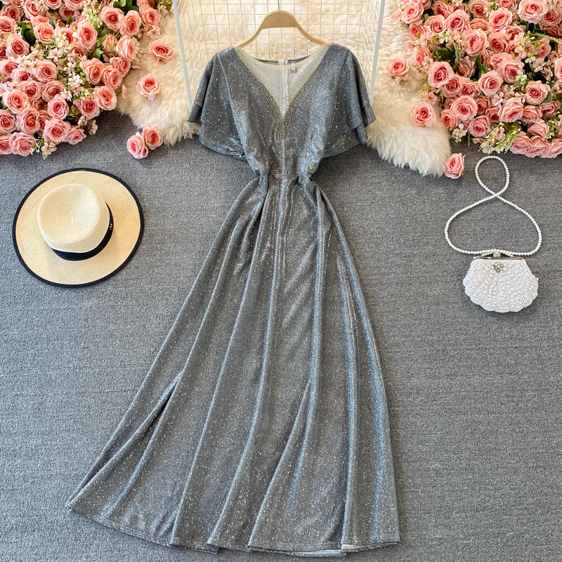 Noble and elegant temperament bright silk round neck dress  2986