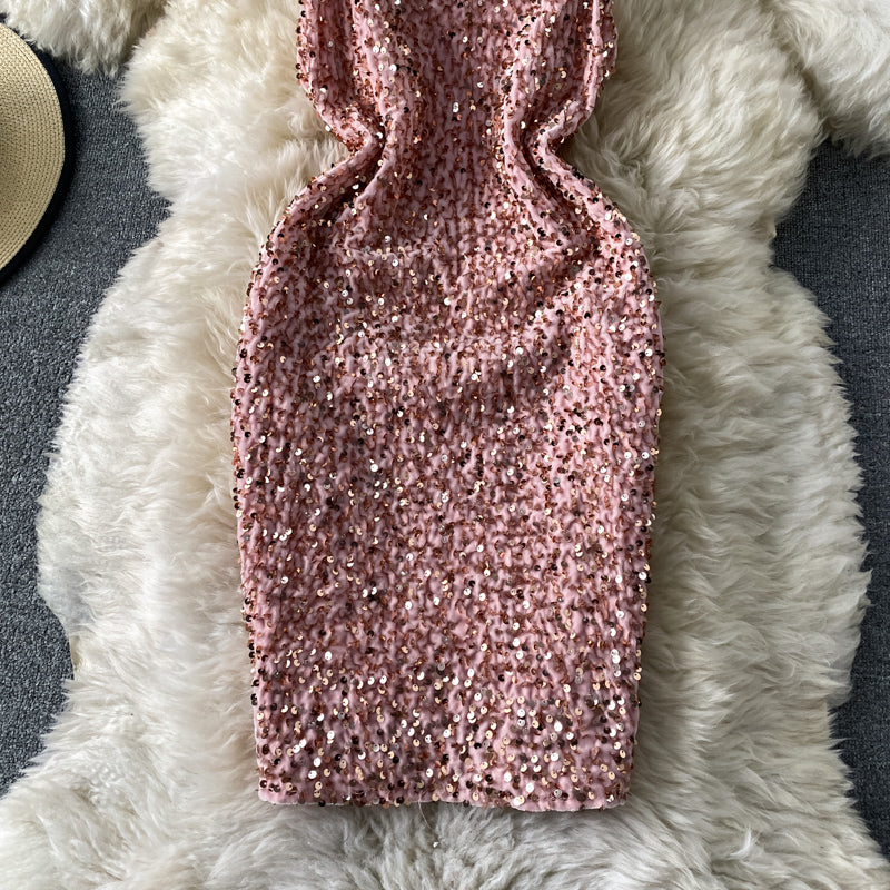 French Hepburn temperament Sequin Hip Wrap Dress  2752