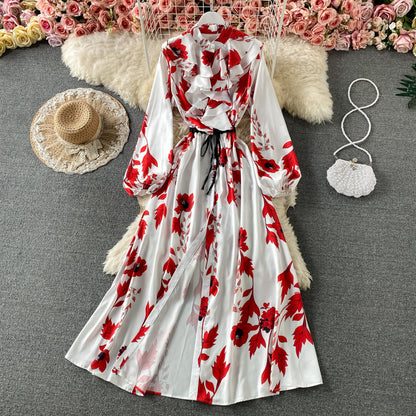 Slim and slim, lotus leaf border, waist closed and large swing A-shaped skirt  2967