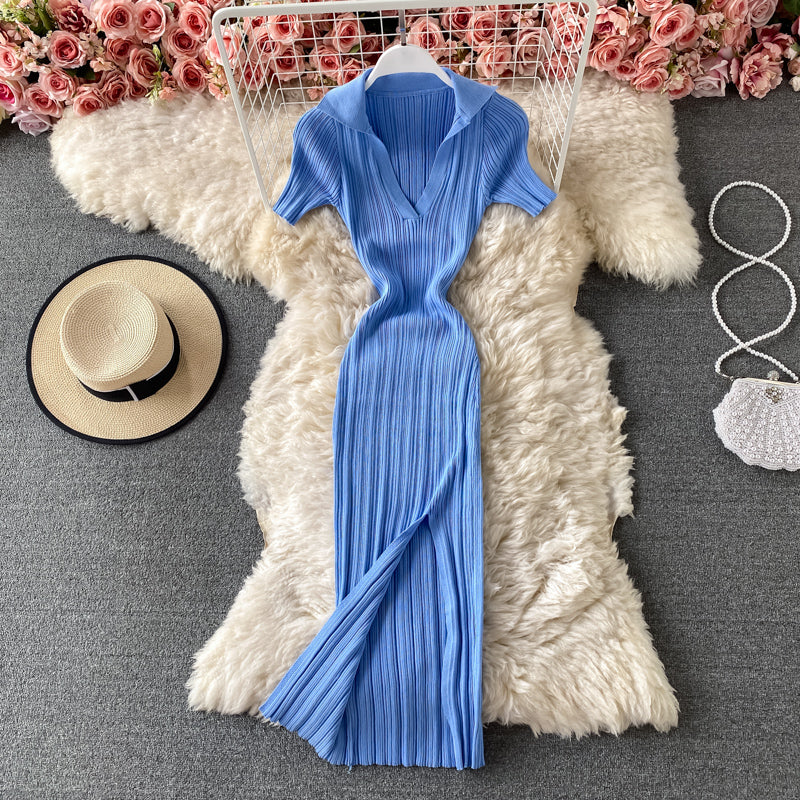 Vintage waist closing tight buttock knit dress  2716