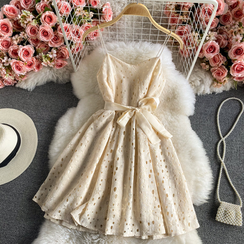 Sweet little fresh suspender skirt high waist backless lace dress  2893