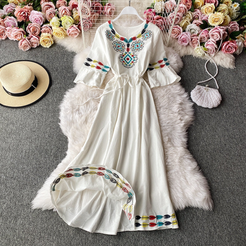 Embroidered trumpet sleeve V-neck waist cotton hemp loose holiday dress  2948