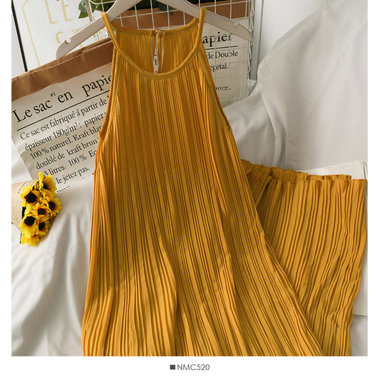 Vintage hanging neck off shoulder pleated solid color suspender skirt long skirt  2680