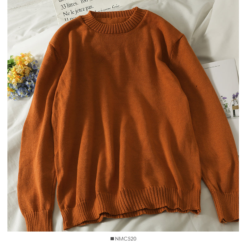 Lockerer und dünner einfarbiger Pullover mit Rundhalsausschnitt für Damen 1818