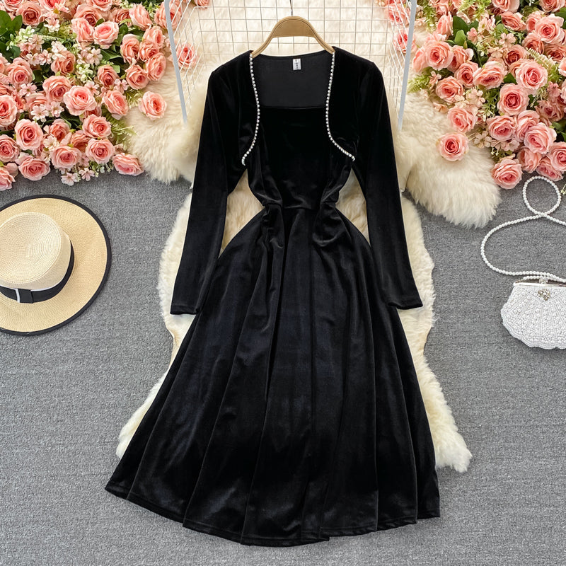 Hepburn style waist closed to show thin temperament, large swing skirt  3237