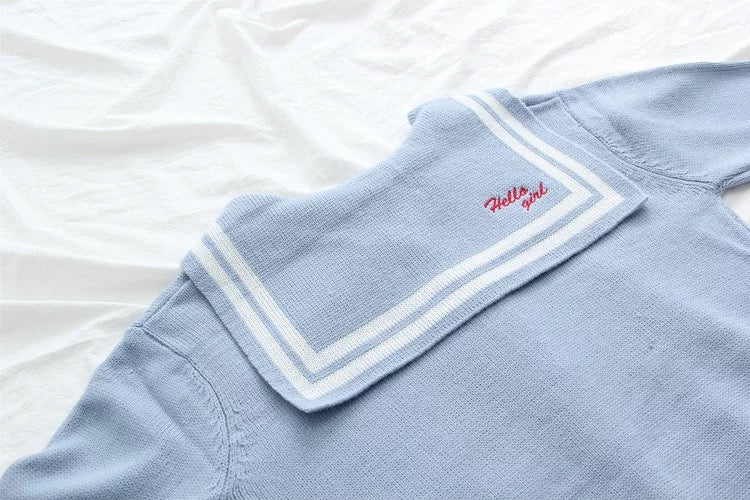 Langarmpullover mit marineblauem Kragen, Strickjacke mit Schleife für Studenten 1414