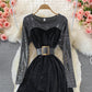 Golden velvet waist closing thin Sequin stitching Crew Neck Dress  3246