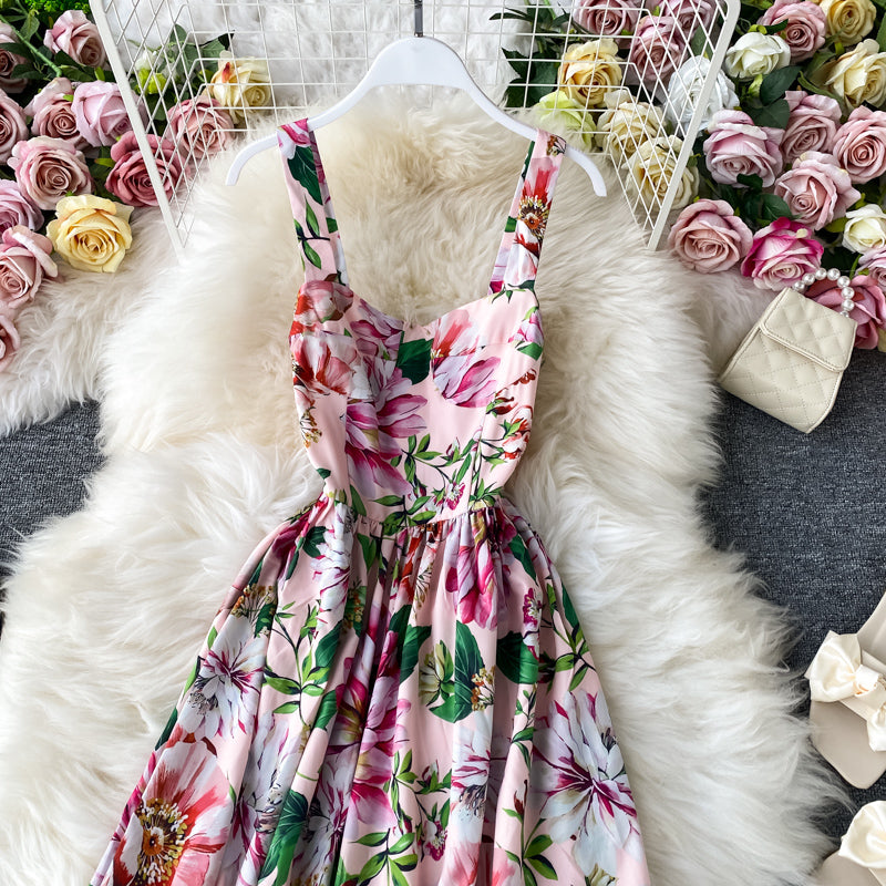 Geblümtes Kleid mit offenem Rücken, französischer langer Rock 2847