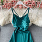 Open back strap waist V-neck suspender dress  3171