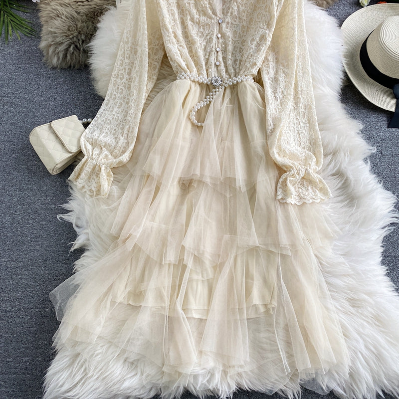Mesh Ruffle lace patchwork cake skirt dress  3282