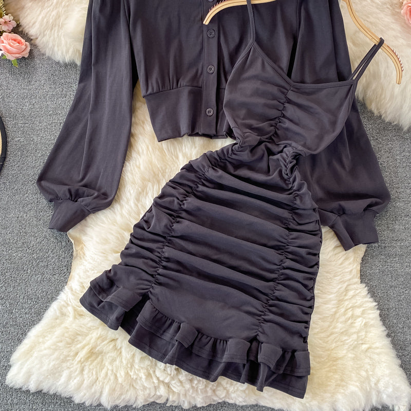 Slim suspender skirt Ruffle wrap hip dress  2859