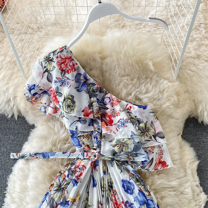 Ruffle waist Pleated Chiffon Floral Dress  2972