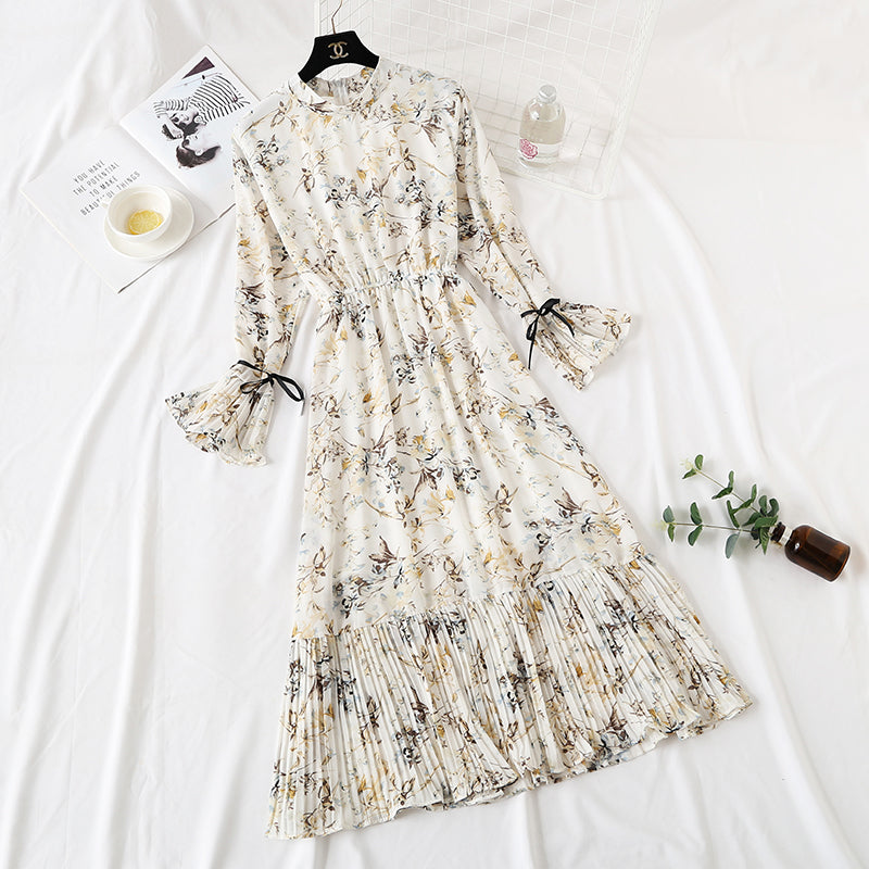 New French retro pleated flare sleeve bottomed long skirt  2359