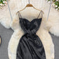 V-neck suspender dress fashion medium length split Hip Bag  3129