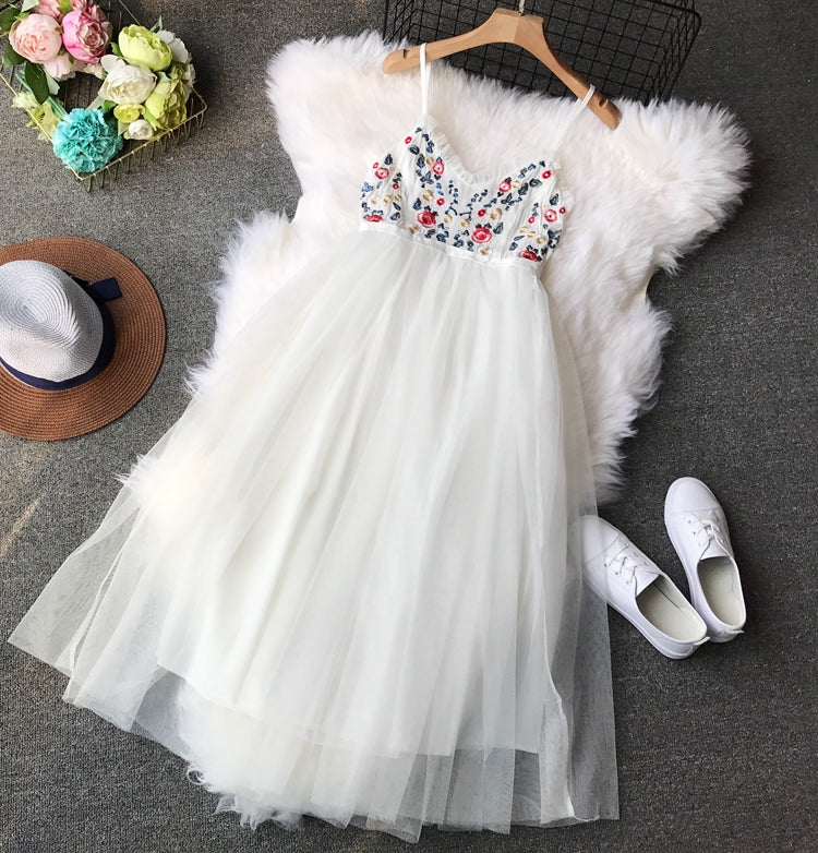 Embroidered Flower high waist thin mesh puffy dress  3397