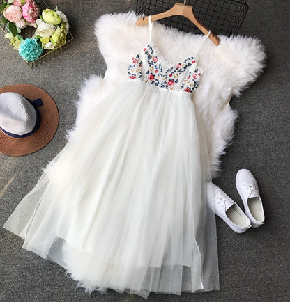 Embroidered Flower high waist thin mesh puffy dress  3397