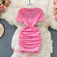 Sexy drawstring temperament slim round neck tight buttock dress  2777