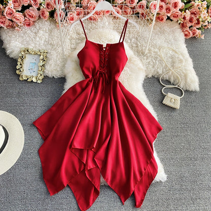 Solid lace up slim sleeveless irregular large hem strapless dress  2721