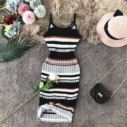 Hip Wrap color stripe suspender knit dress  3278