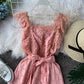 Vintage Lace square neck waist slim dress  2827