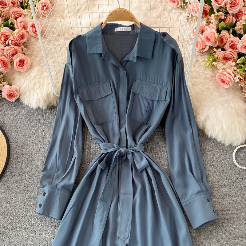 Loose and slim medium length single breasted Lapel dress  3245