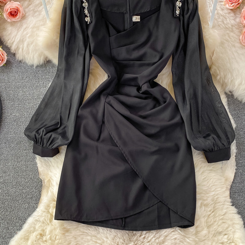 Robe à col carré à manches bouffantes de style rétro français coréen 2866